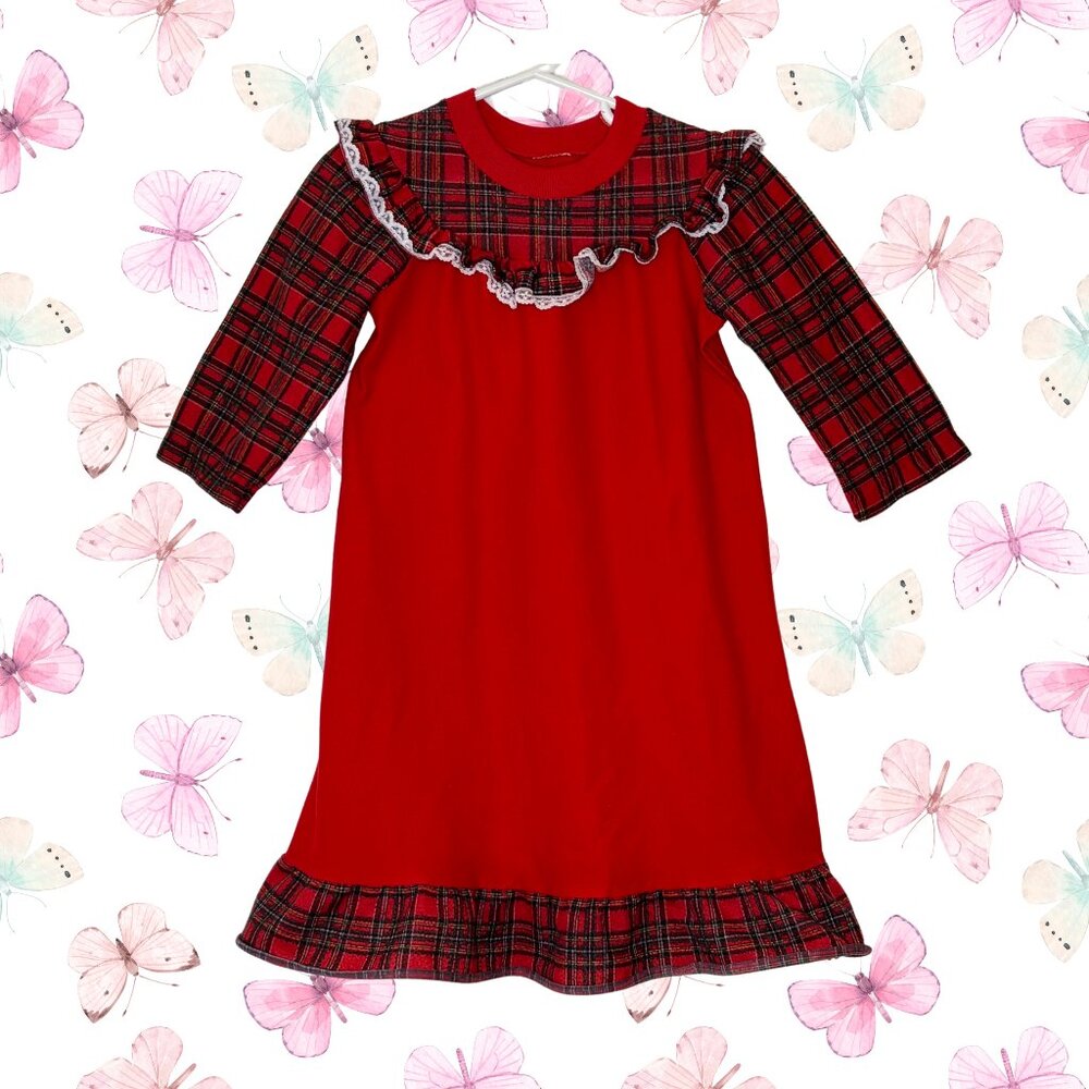 Girls Holiday Red Plaid Nightgown - Christmas Pajamas with Lace Accents